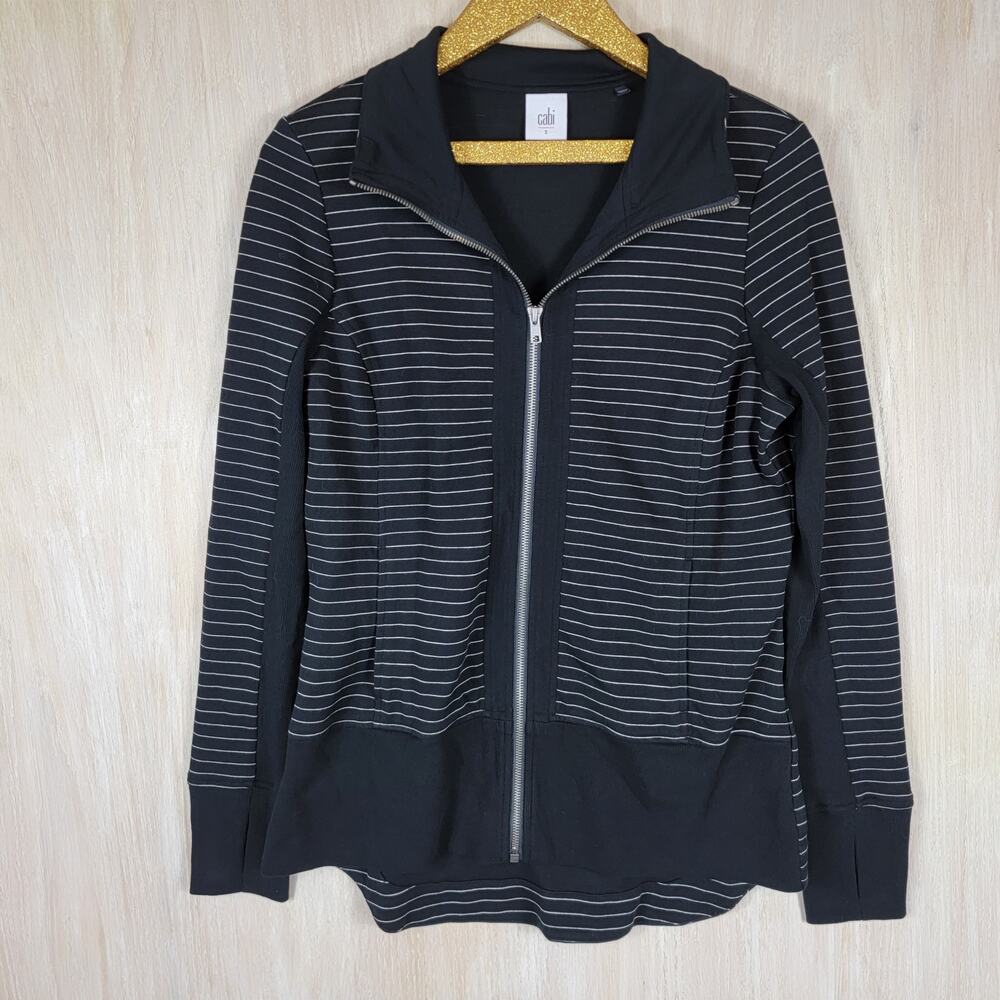 Cabi Black Chalk Stripe Athleisure Knit Full Zip Up Sprint Casual Jacket Small